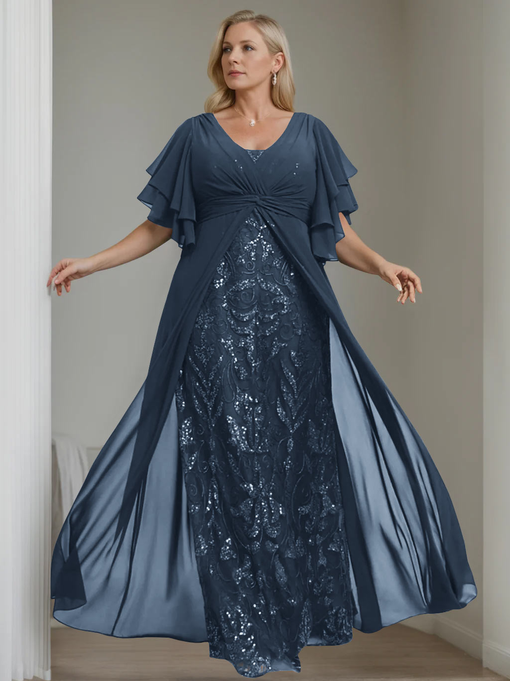 A-Line/Princess V-Neck Half Sleeves Floor-Length Plus Size Mother of the Bride Dresses with Pleated - 이미지 33