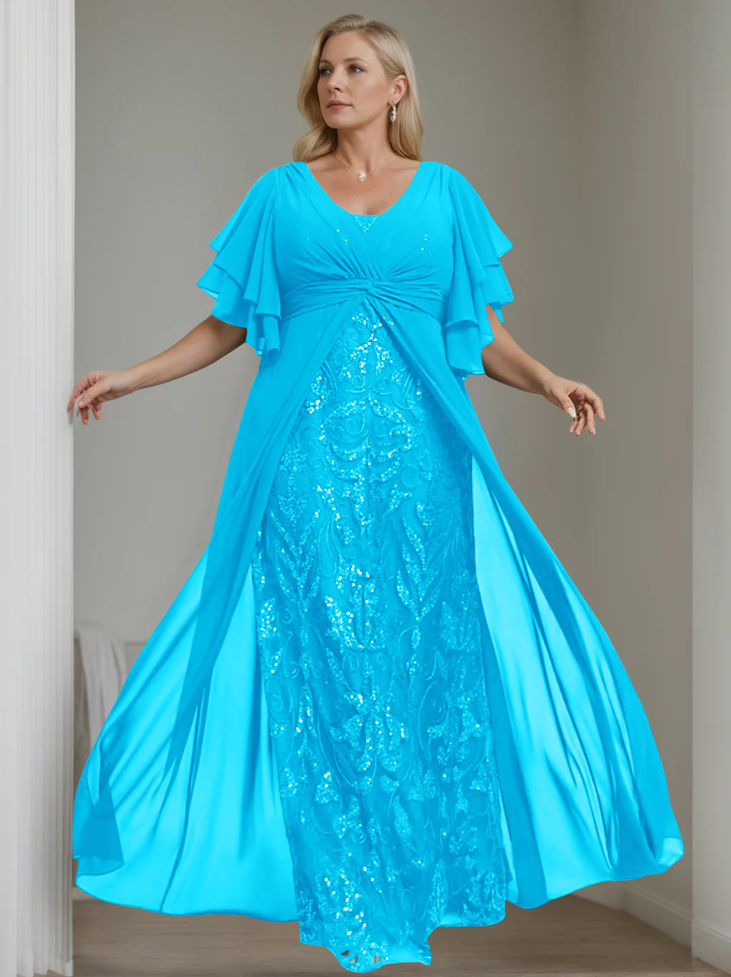 A-Line/Princess V-Neck Half Sleeves Floor-Length Plus Size Mother of the Bride Dresses with Pleated - 이미지 34
