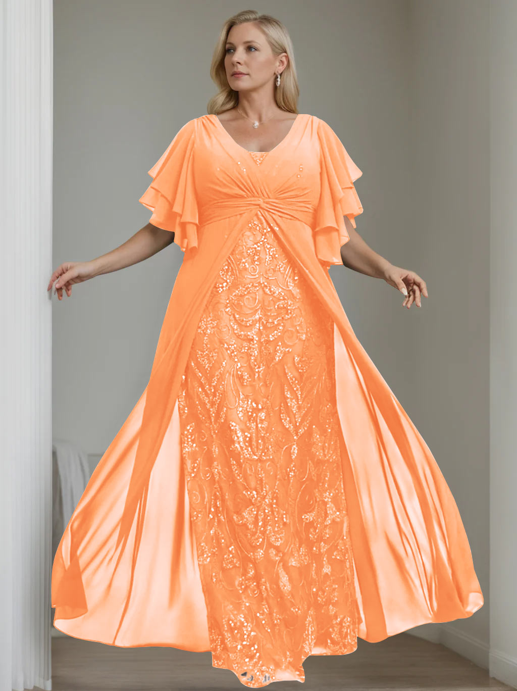 A-Line/Princess V-Neck Half Sleeves Floor-Length Plus Size Mother of the Bride Dresses with Pleated - 이미지 35