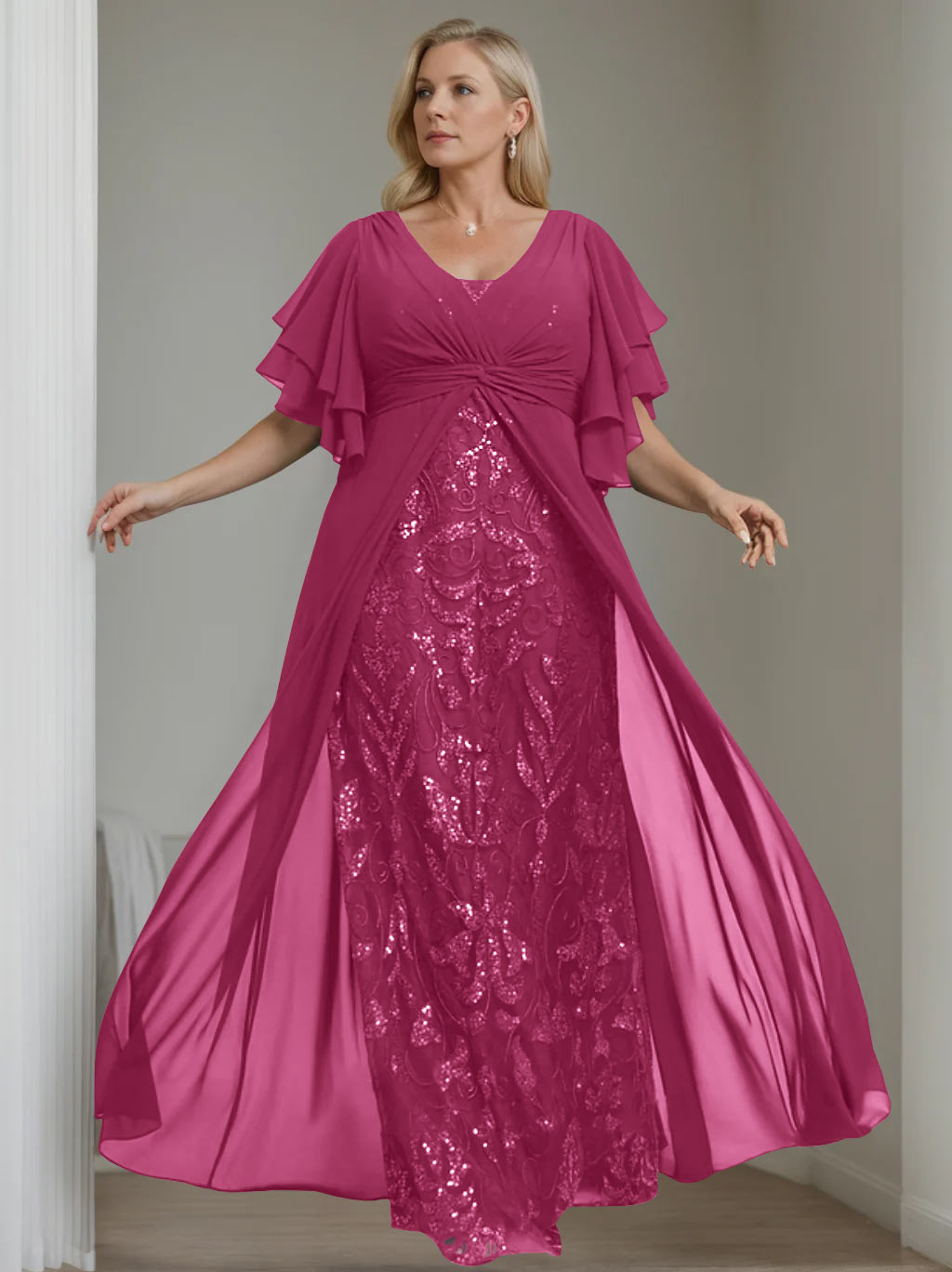 A-Line/Princess V-Neck Half Sleeves Floor-Length Plus Size Mother of the Bride Dresses with Pleated - 이미지 36