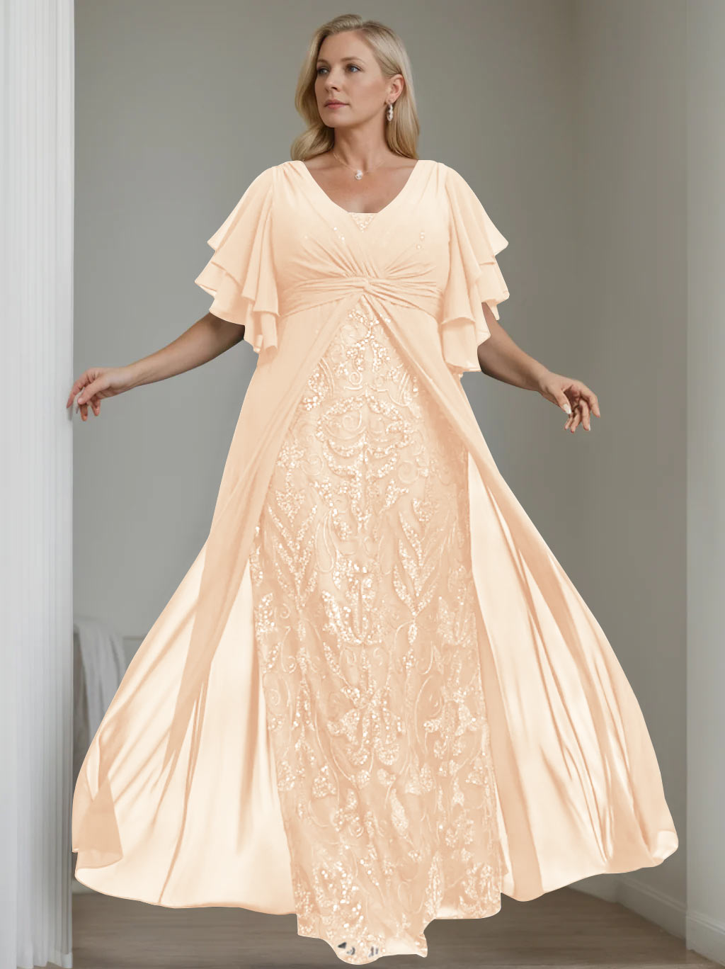 A-Line/Princess V-Neck Half Sleeves Floor-Length Plus Size Mother of the Bride Dresses with Pleated - 이미지 38