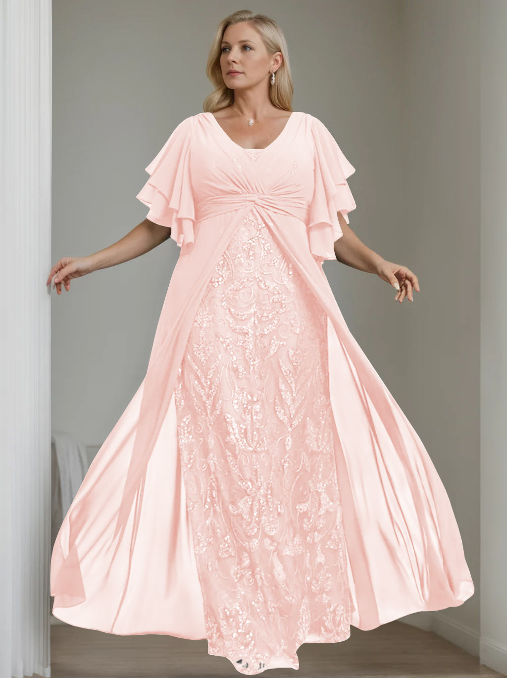 A-Line/Princess V-Neck Half Sleeves Floor-Length Plus Size Mother of the Bride Dresses with Pleated - 이미지 39