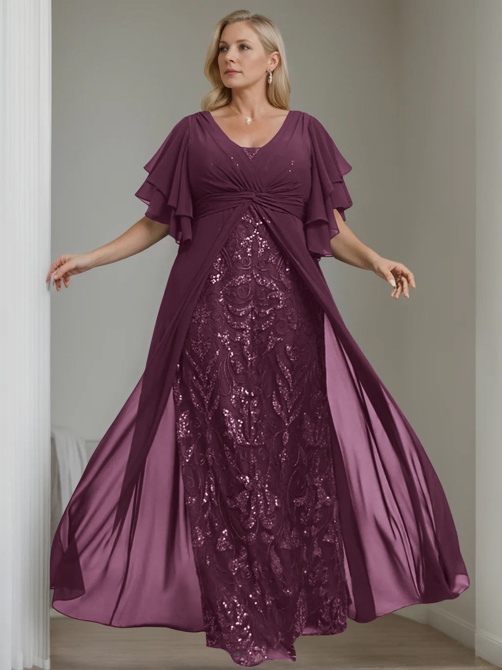 A-Line/Princess V-Neck Half Sleeves Floor-Length Plus Size Mother of the Bride Dresses with Pleated - 이미지 40