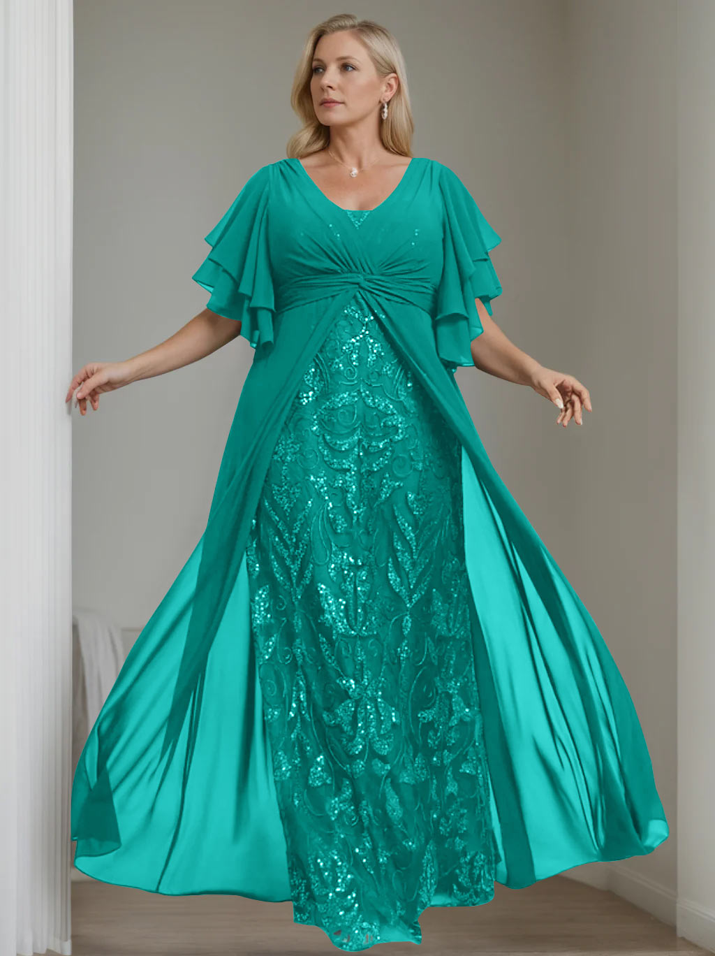 A-Line/Princess V-Neck Half Sleeves Floor-Length Plus Size Mother of the Bride Dresses with Pleated - 이미지 41