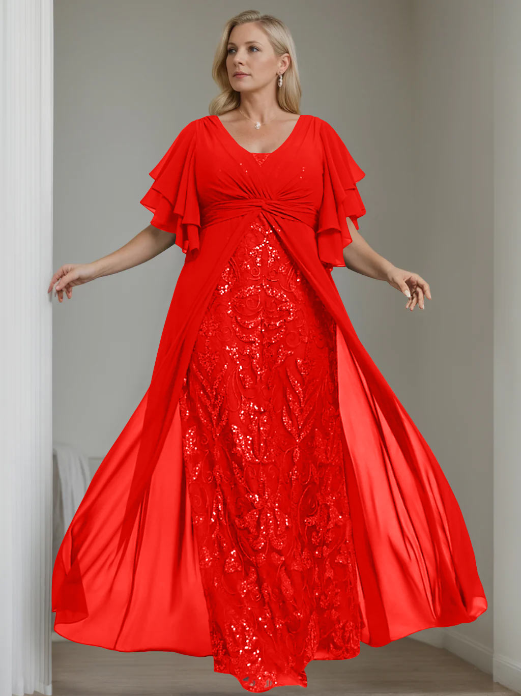 A-Line/Princess V-Neck Half Sleeves Floor-Length Plus Size Mother of the Bride Dresses with Pleated - 이미지 42
