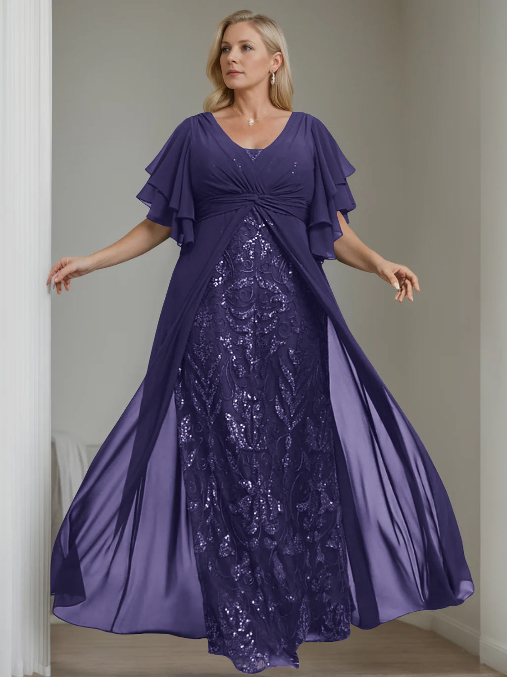 A-Line/Princess V-Neck Half Sleeves Floor-Length Plus Size Mother of the Bride Dresses with Pleated - 이미지 43
