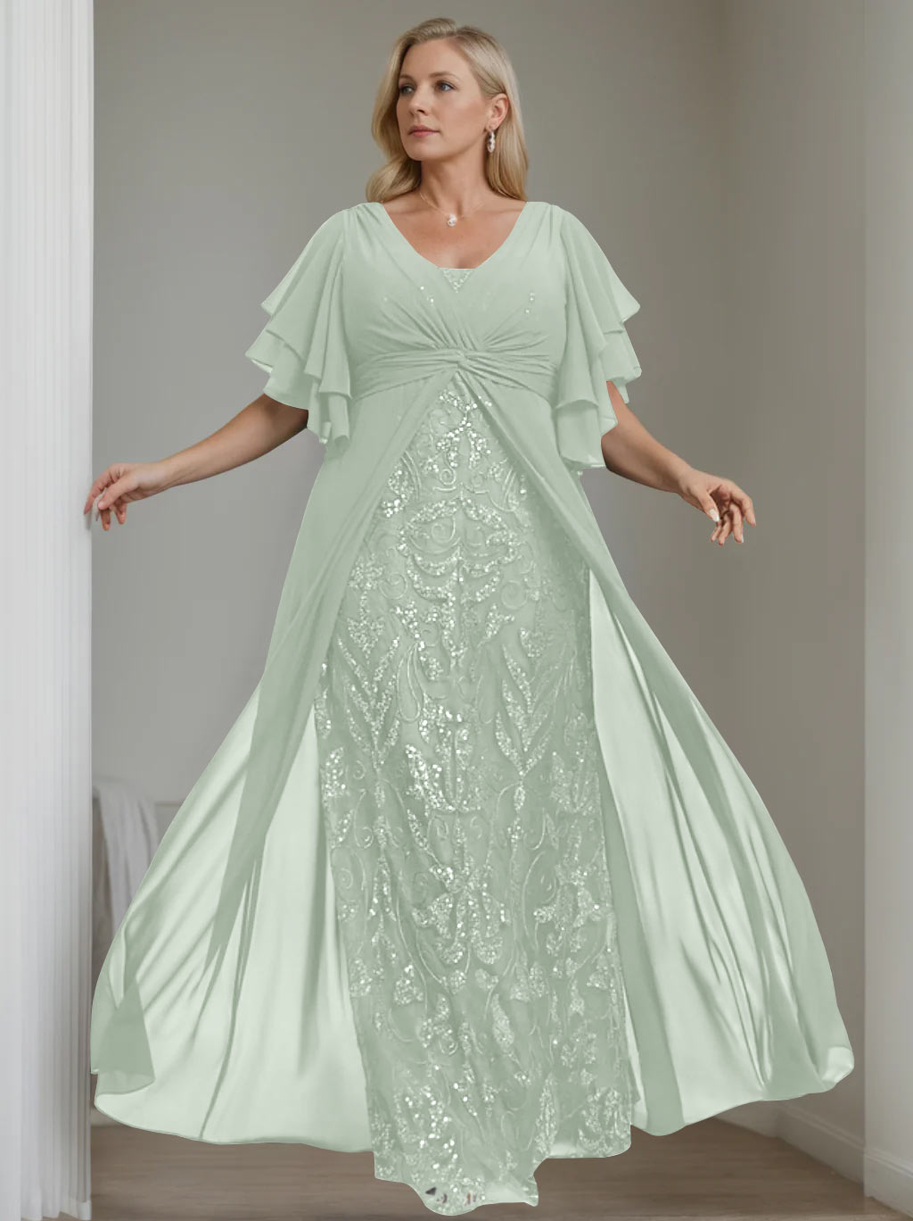 A-Line/Princess V-Neck Half Sleeves Floor-Length Plus Size Mother of the Bride Dresses with Pleated - 이미지 45