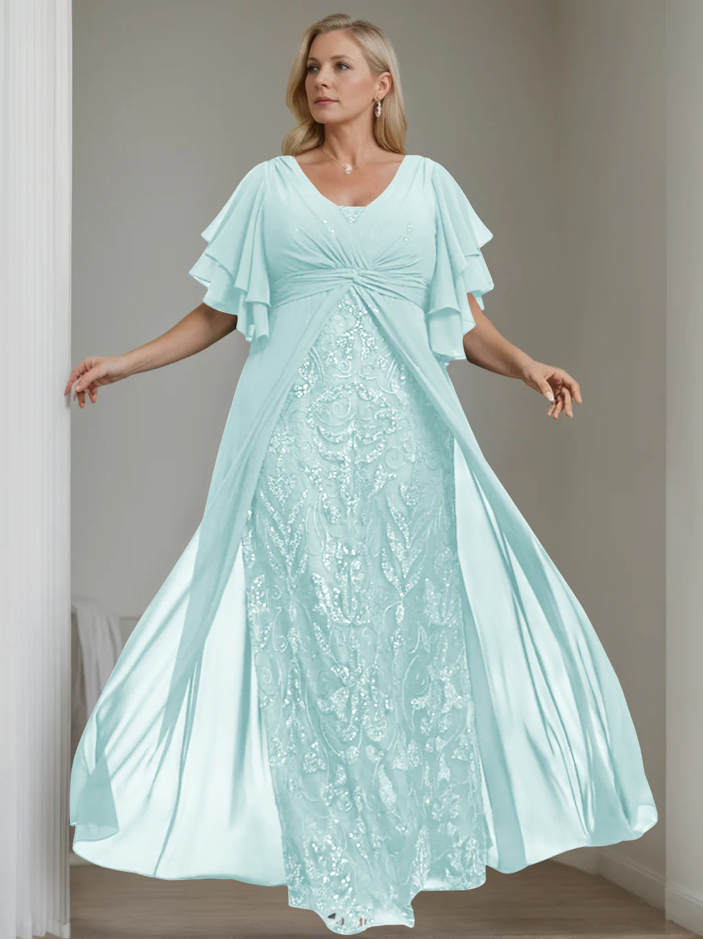 A-Line/Princess V-Neck Half Sleeves Floor-Length Plus Size Mother of the Bride Dresses with Pleated - 이미지 47