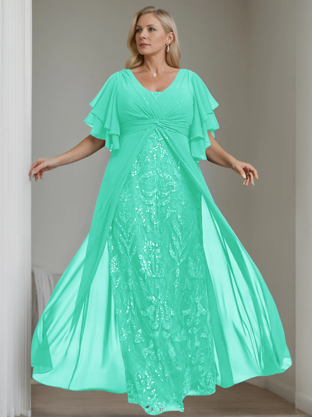 A-Line/Princess V-Neck Half Sleeves Floor-Length Plus Size Mother of the Bride Dresses with Pleated - 이미지 48