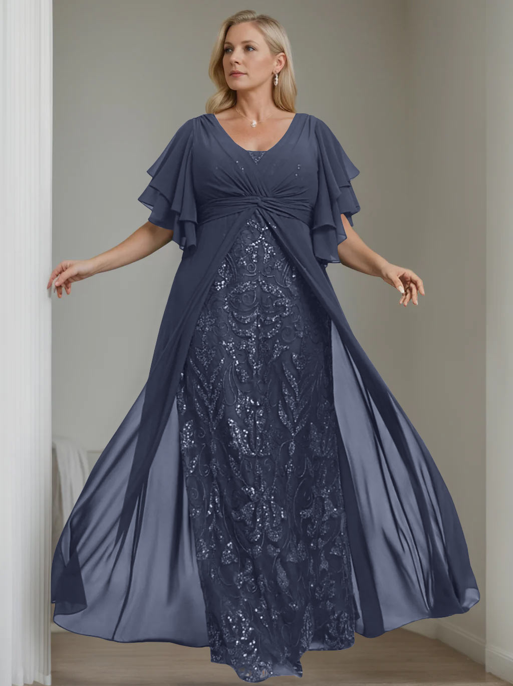 A-Line/Princess V-Neck Half Sleeves Floor-Length Plus Size Mother of the Bride Dresses with Pleated - 이미지 49