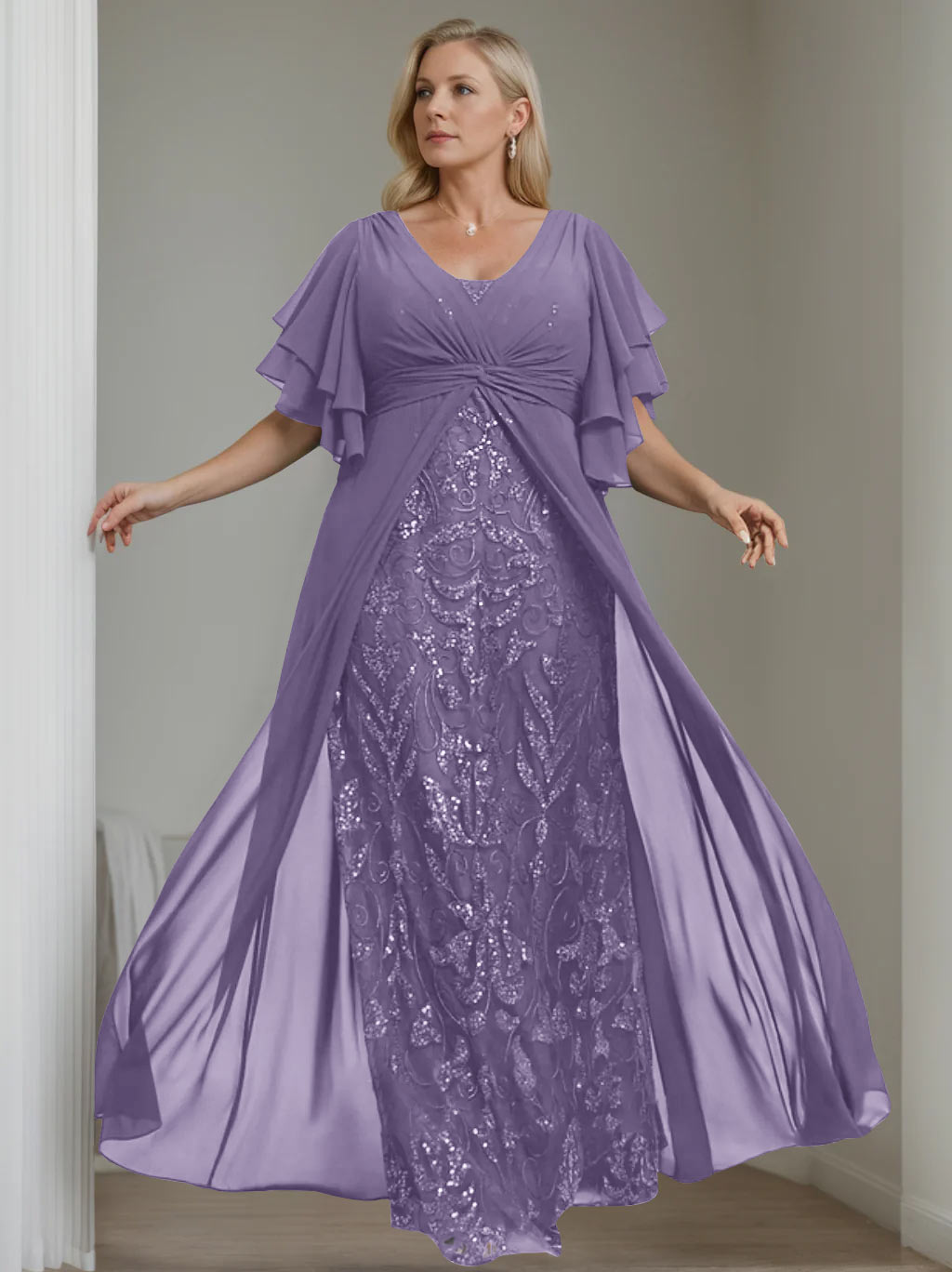 A-Line/Princess V-Neck Half Sleeves Floor-Length Plus Size Mother of the Bride Dresses with Pleated - 이미지 50