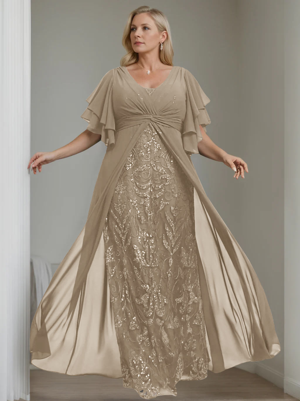 A-Line/Princess V-Neck Half Sleeves Floor-Length Plus Size Mother of the Bride Dresses with Pleated - 이미지 51