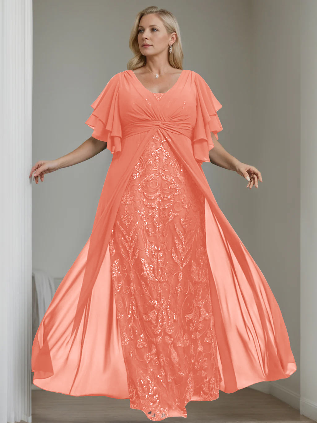 A-Line/Princess V-Neck Half Sleeves Floor-Length Plus Size Mother of the Bride Dresses with Pleated - 이미지 52