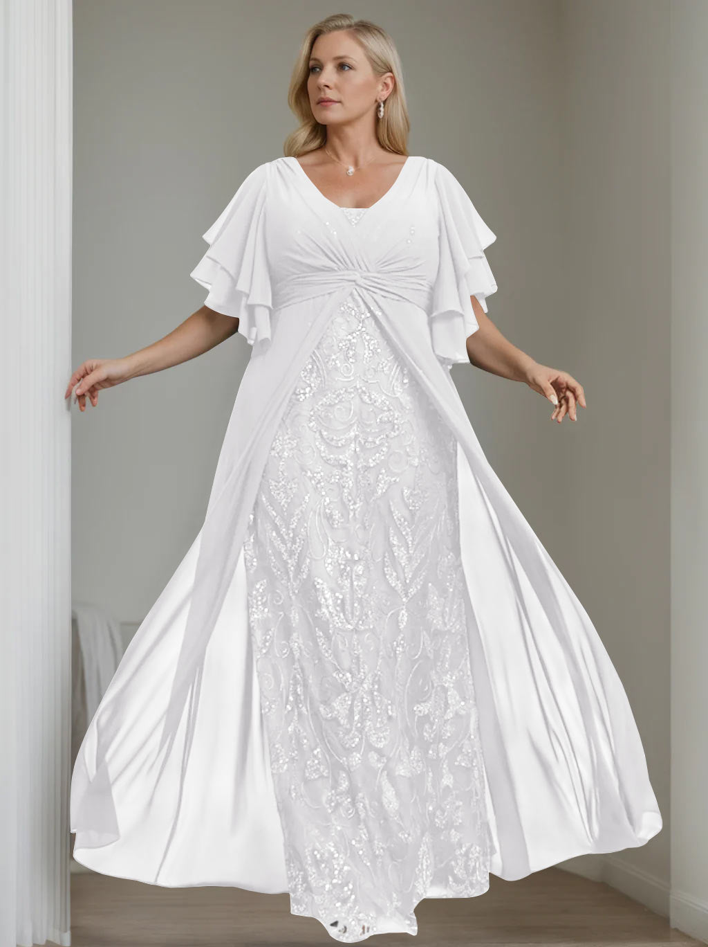 A-Line/Princess V-Neck Half Sleeves Floor-Length Plus Size Mother of the Bride Dresses with Pleated - 이미지 13