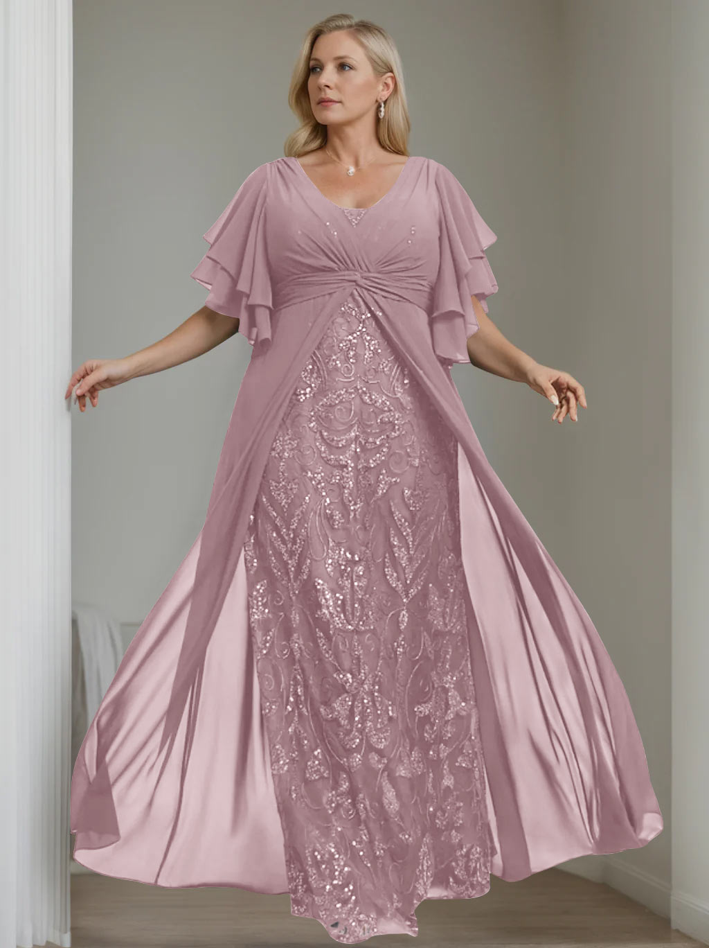 A-Line/Princess V-Neck Half Sleeves Floor-Length Plus Size Mother of the Bride Dresses with Pleated - 이미지 54