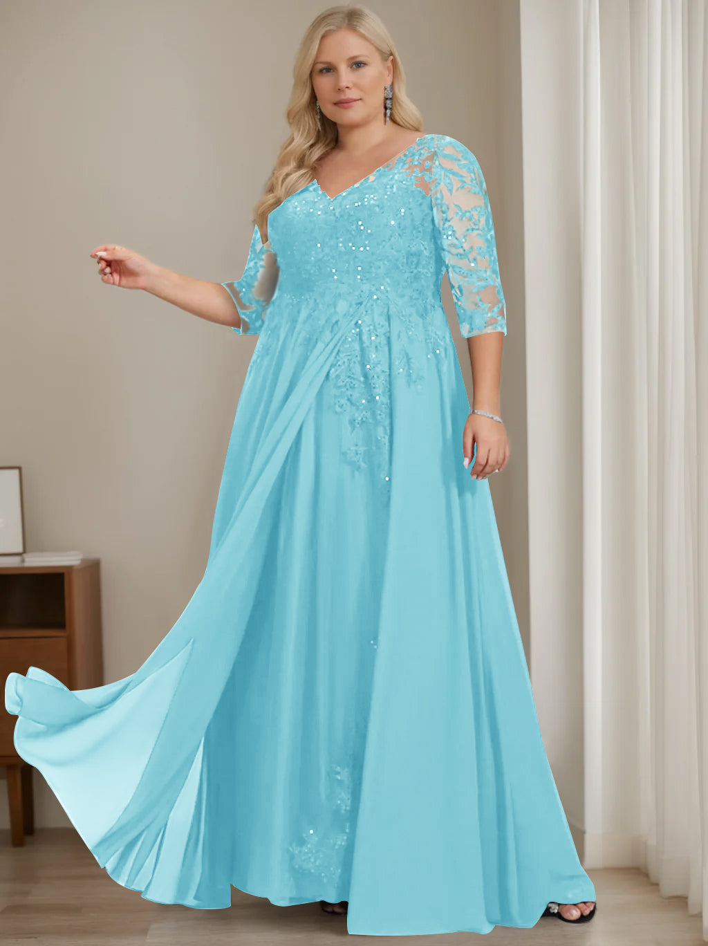 A-Line/Princess V-Neck Half Sleeves Floor-Length Plus Size Mother of the Bride Dresses with Sequins - 이미지 4