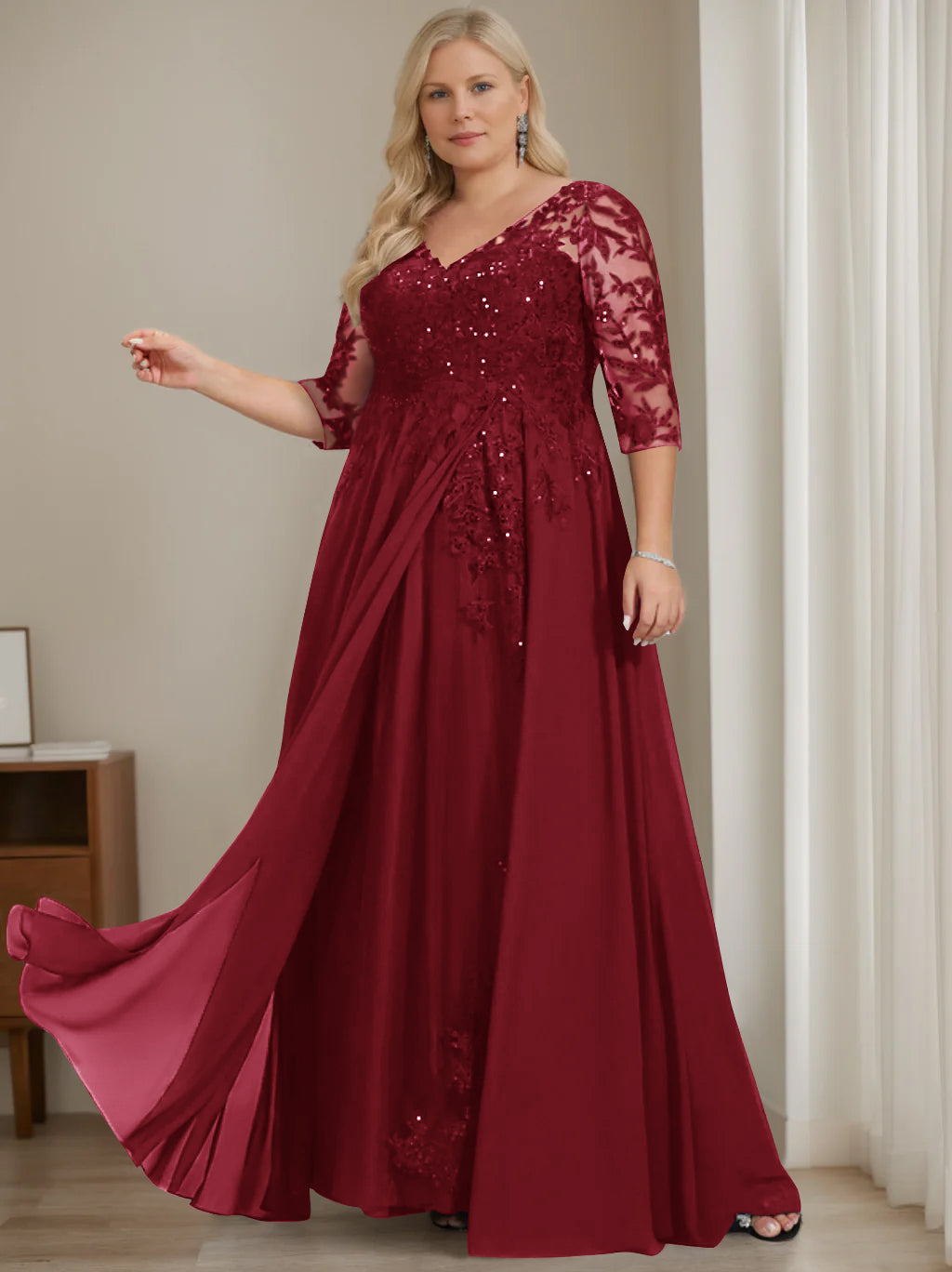 A-Line/Princess V-Neck Half Sleeves Floor-Length Plus Size Mother of the Bride Dresses with Sequins - 이미지 5