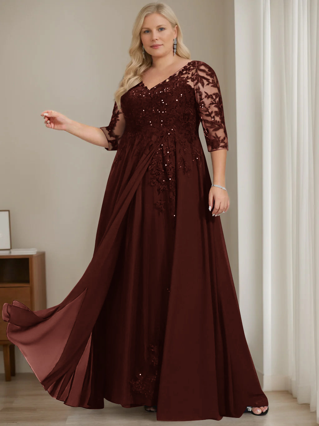 A-Line/Princess V-Neck Half Sleeves Floor-Length Plus Size Mother of the Bride Dresses with Sequins - 이미지 6