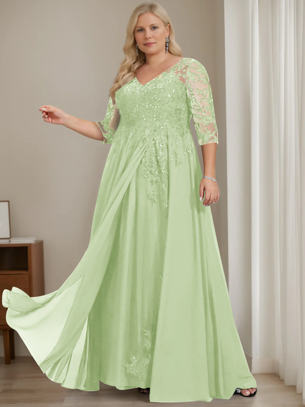 A-Line/Princess V-Neck Half Sleeves Floor-Length Plus Size Mother of the Bride Dresses with Sequins - 이미지 20