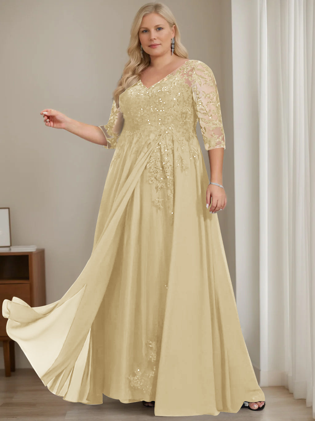 A-Line/Princess V-Neck Half Sleeves Floor-Length Plus Size Mother of the Bride Dresses with Sequins - 이미지 14