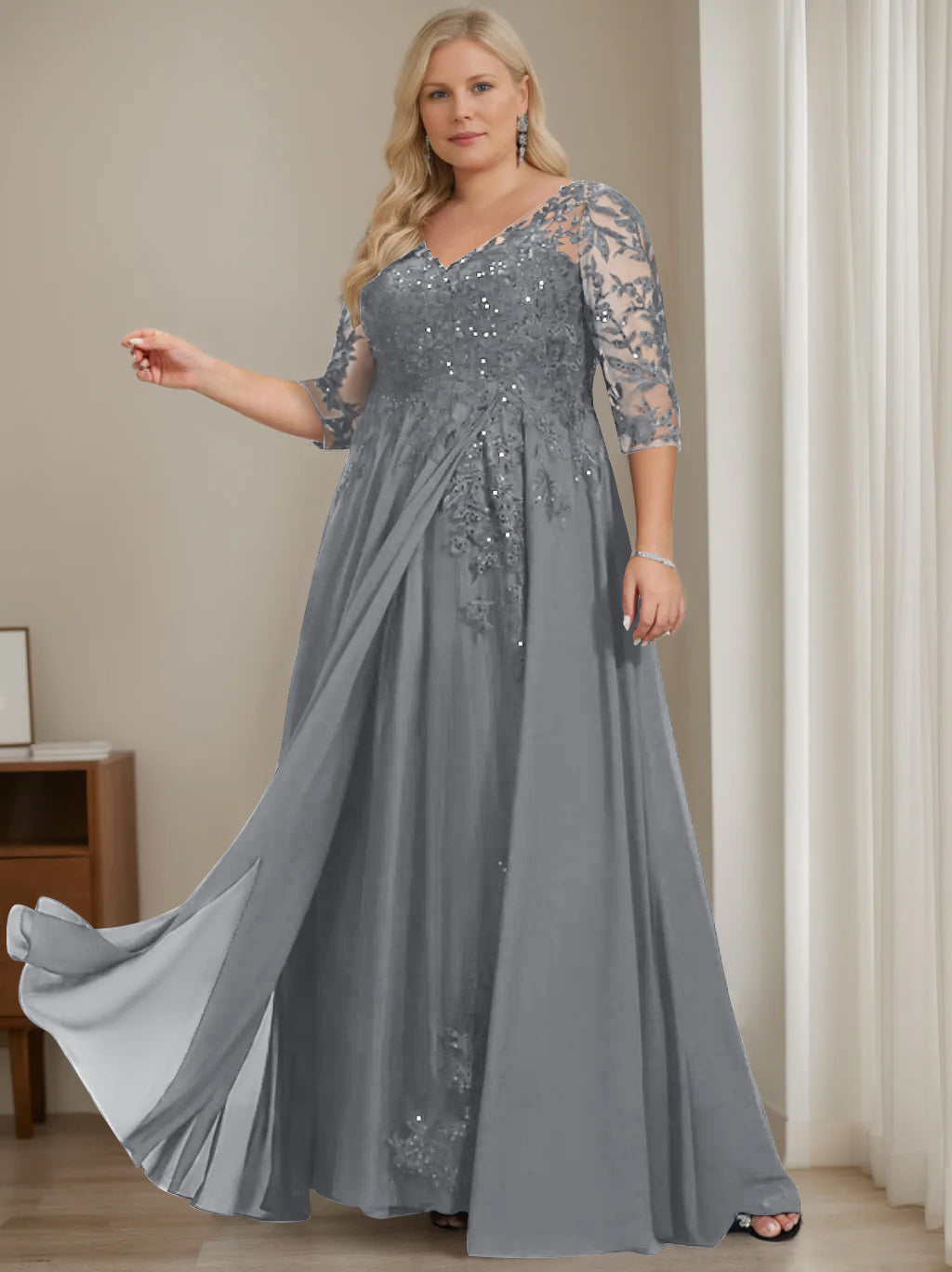 A-Line/Princess V-Neck Half Sleeves Floor-Length Plus Size Mother of the Bride Dresses with Sequins - 이미지 8