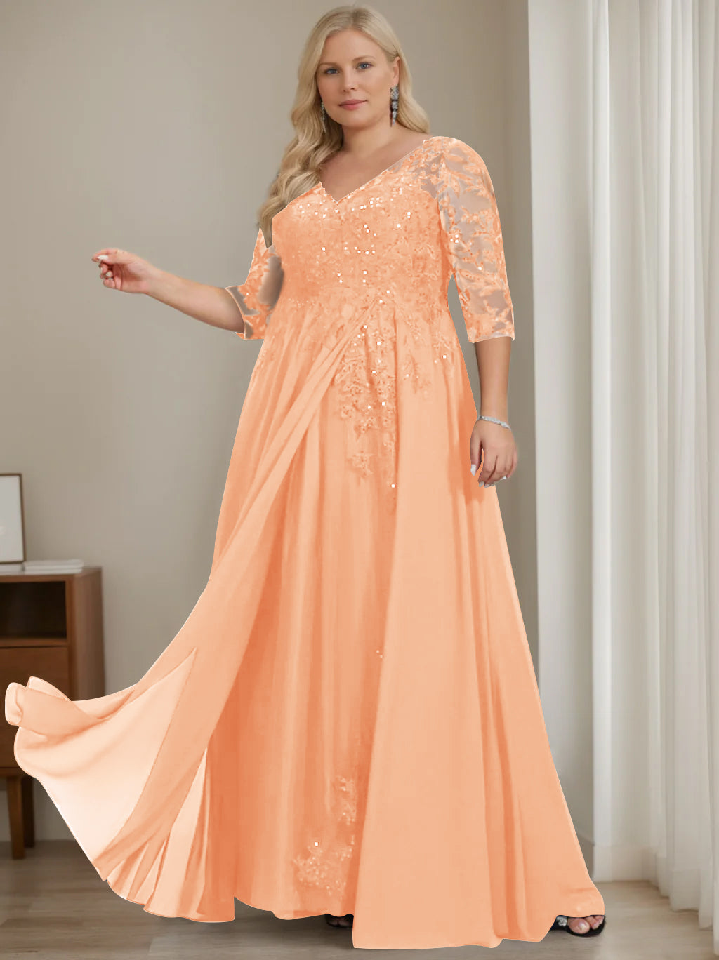 A-Line/Princess V-Neck Half Sleeves Floor-Length Plus Size Mother of the Bride Dresses with Sequins - 이미지 31