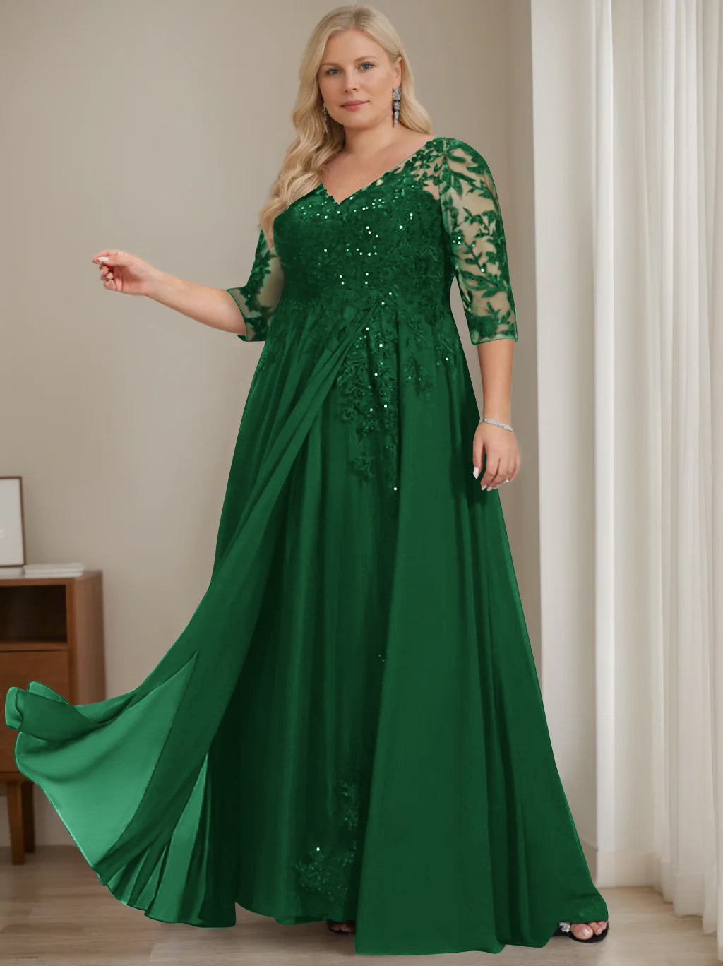 A-Line/Princess V-Neck Half Sleeves Floor-Length Plus Size Mother of the Bride Dresses with Sequins - 이미지 21