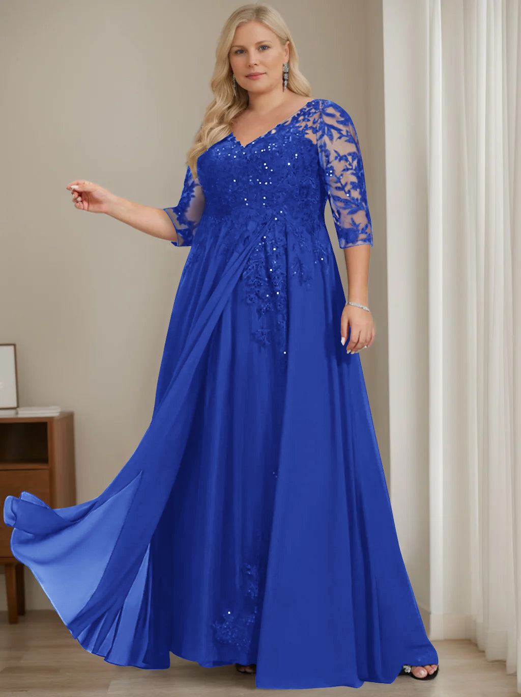 A-Line/Princess V-Neck Half Sleeves Floor-Length Plus Size Mother of the Bride Dresses with Sequins - 이미지 32