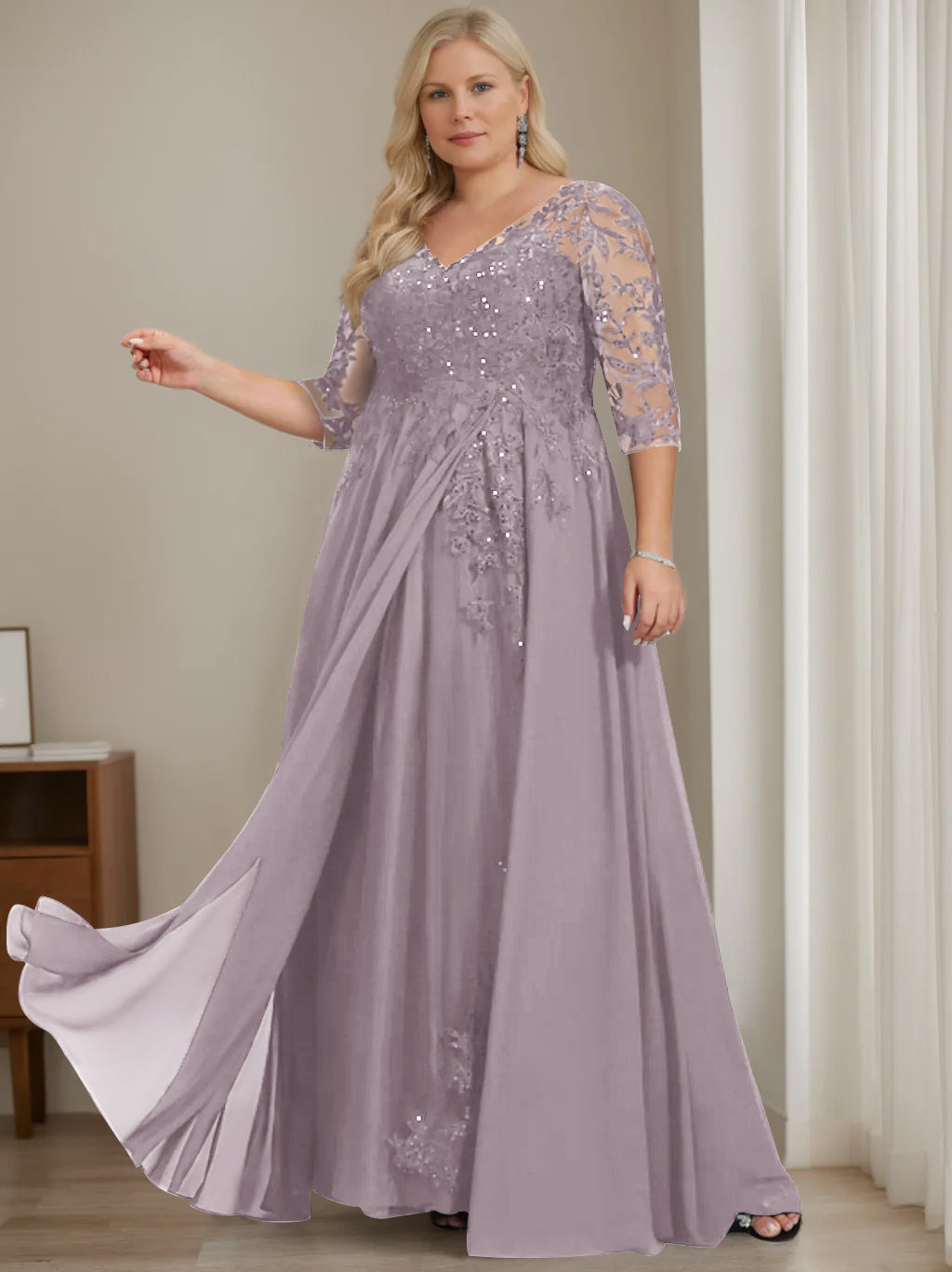 A-Line/Princess V-Neck Half Sleeves Floor-Length Plus Size Mother of the Bride Dresses with Sequins - 이미지 10