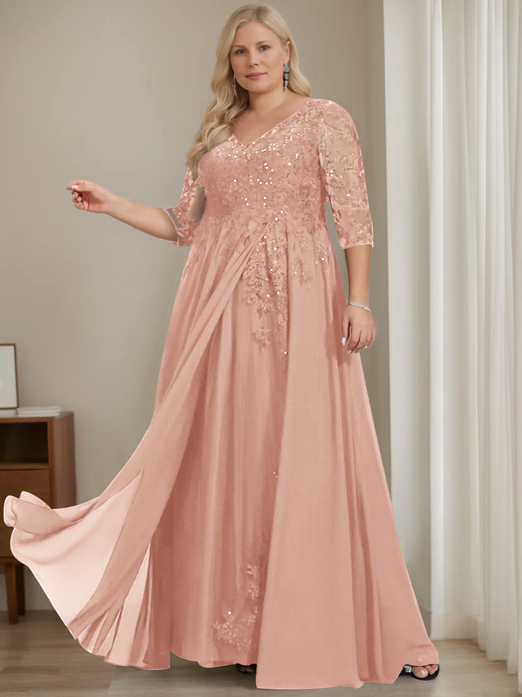 A-Line/Princess V-Neck Half Sleeves Floor-Length Plus Size Mother of the Bride Dresses with Sequins - 이미지 22