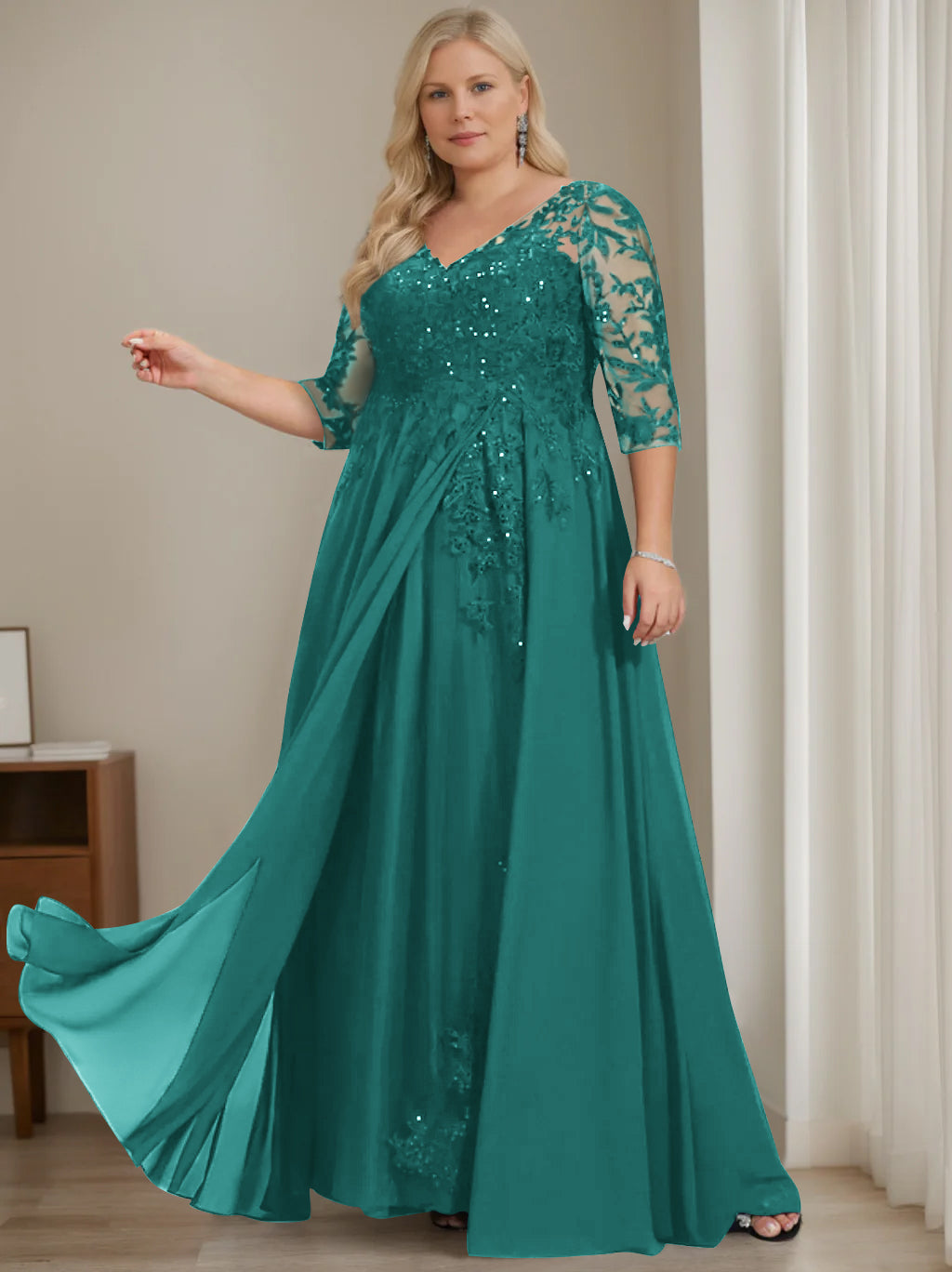A-Line/Princess V-Neck Half Sleeves Floor-Length Plus Size Mother of the Bride Dresses with Sequins - 이미지 34