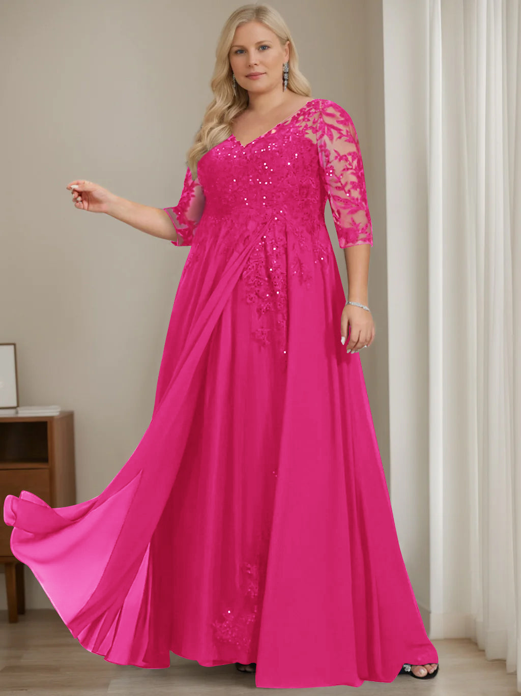 A-Line/Princess V-Neck Half Sleeves Floor-Length Plus Size Mother of the Bride Dresses with Sequins - 이미지 35
