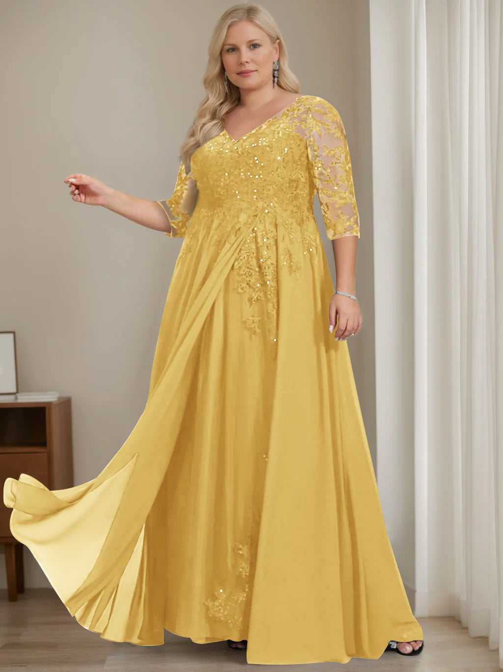 A-Line/Princess V-Neck Half Sleeves Floor-Length Plus Size Mother of the Bride Dresses with Sequins - 이미지 36