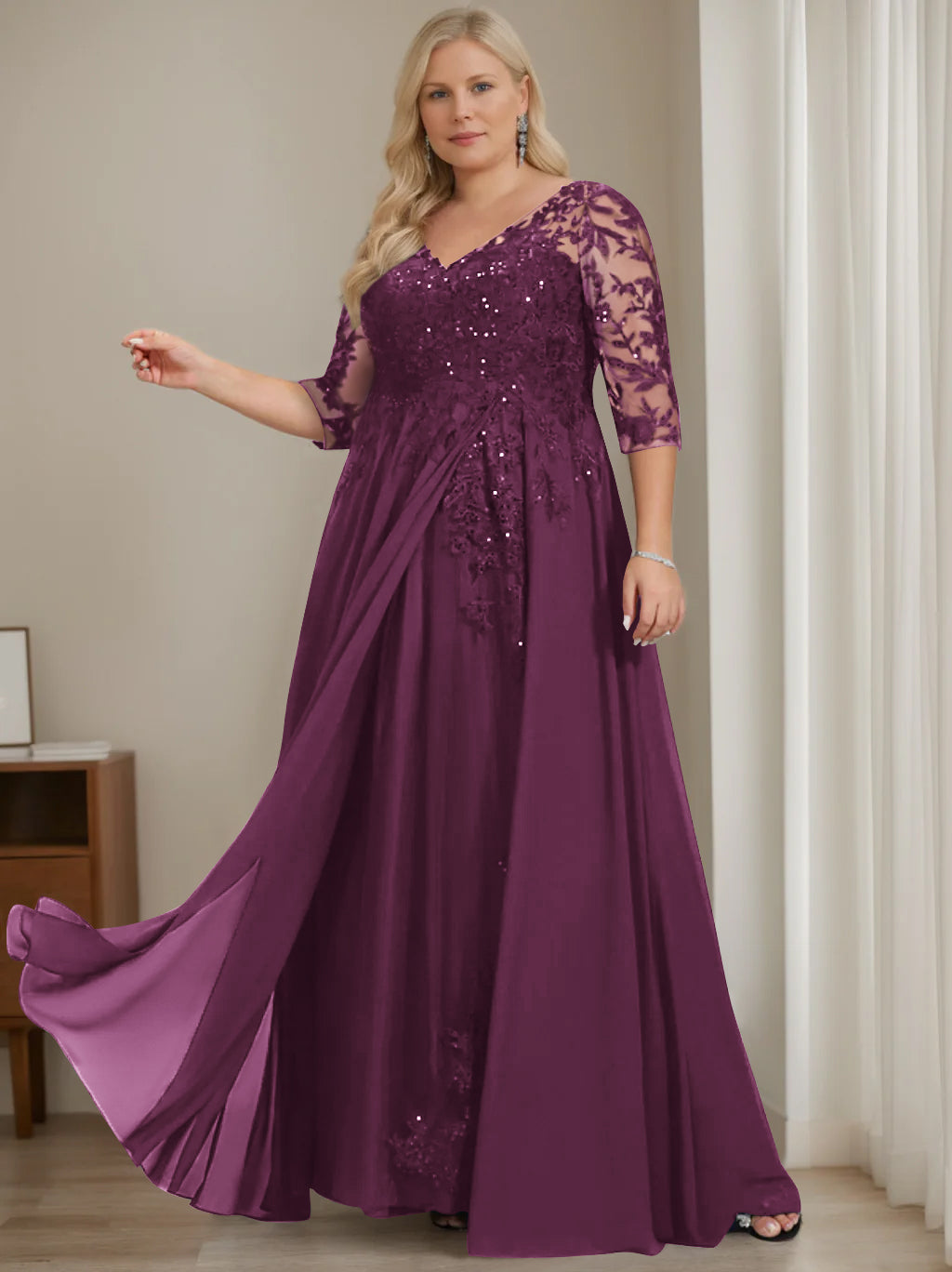A-Line/Princess V-Neck Half Sleeves Floor-Length Plus Size Mother of the Bride Dresses with Sequins - 이미지 37