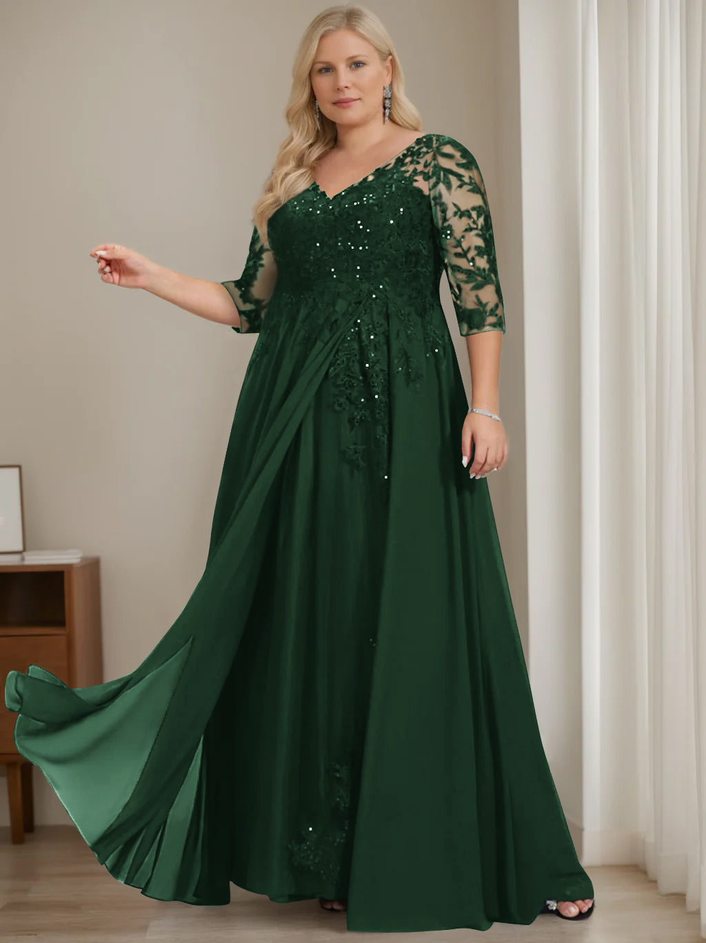 A-Line/Princess V-Neck Half Sleeves Floor-Length Plus Size Mother of the Bride Dresses with Sequins - 이미지 16