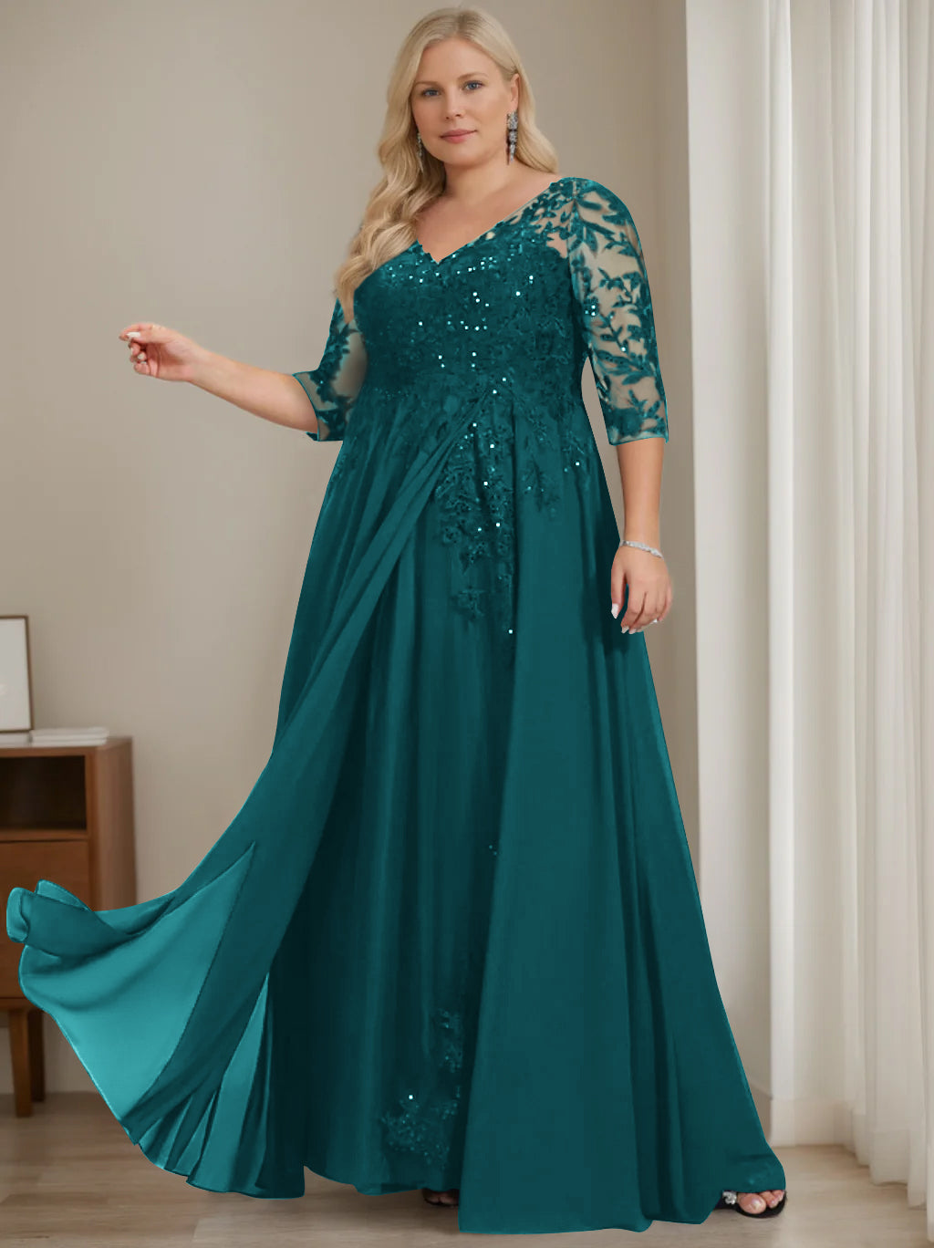 A-Line/Princess V-Neck Half Sleeves Floor-Length Plus Size Mother of the Bride Dresses with Sequins - 이미지 38