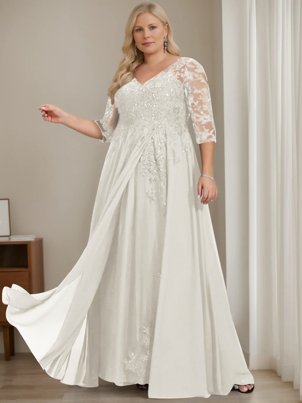 A-Line/Princess V-Neck Half Sleeves Floor-Length Plus Size Mother of the Bride Dresses with Sequins - 이미지 11