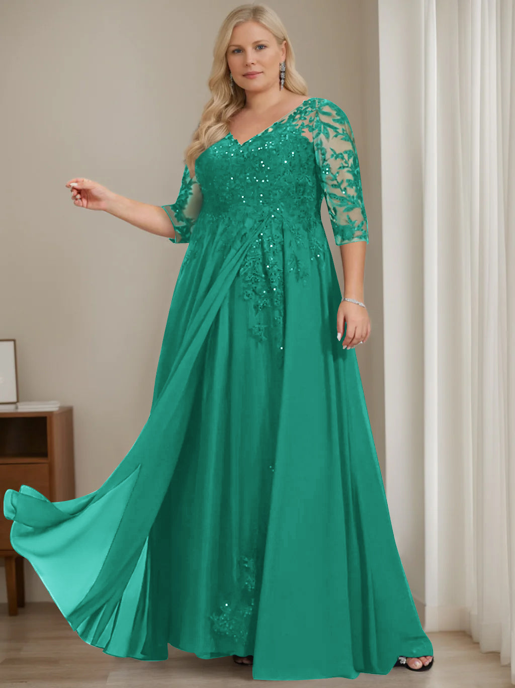 A-Line/Princess V-Neck Half Sleeves Floor-Length Plus Size Mother of the Bride Dresses with Sequins - 이미지 39