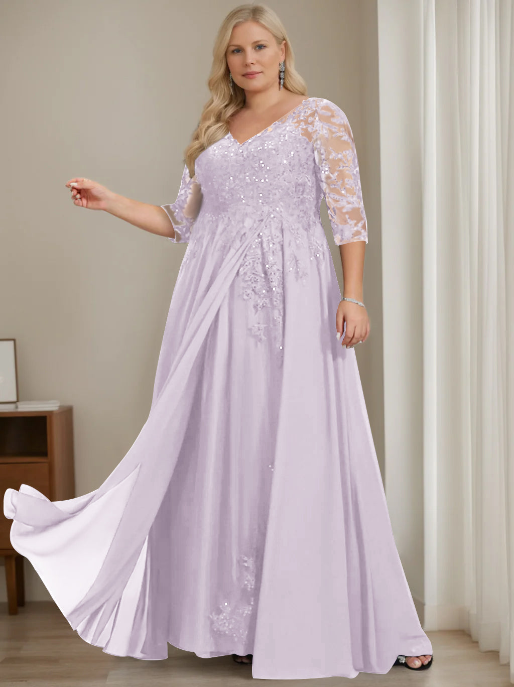 A-Line/Princess V-Neck Half Sleeves Floor-Length Plus Size Mother of the Bride Dresses with Sequins - 이미지 12