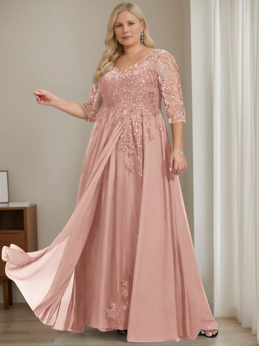 A-Line/Princess V-Neck Half Sleeves Floor-Length Plus Size Mother of the Bride Dresses with Sequins - 이미지 41