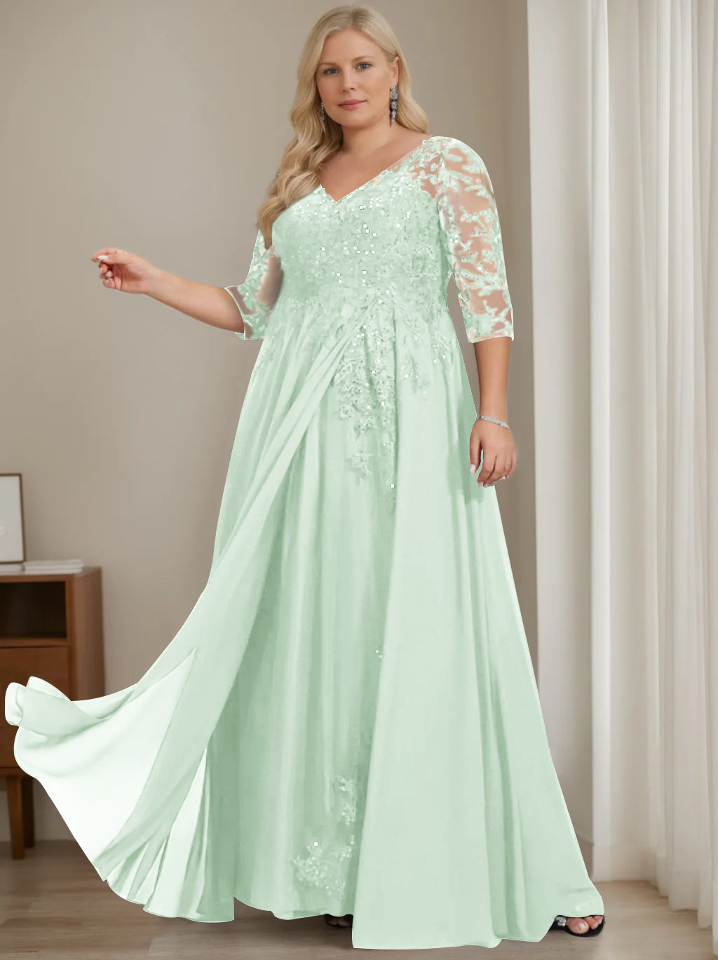 A-Line/Princess V-Neck Half Sleeves Floor-Length Plus Size Mother of the Bride Dresses with Sequins - 이미지 23