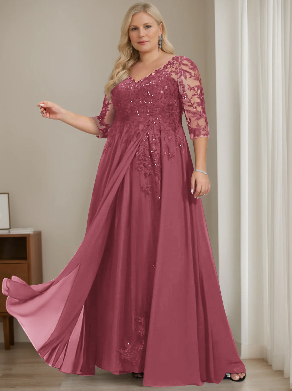 A-Line/Princess V-Neck Half Sleeves Floor-Length Plus Size Mother of the Bride Dresses with Sequins - 이미지 24