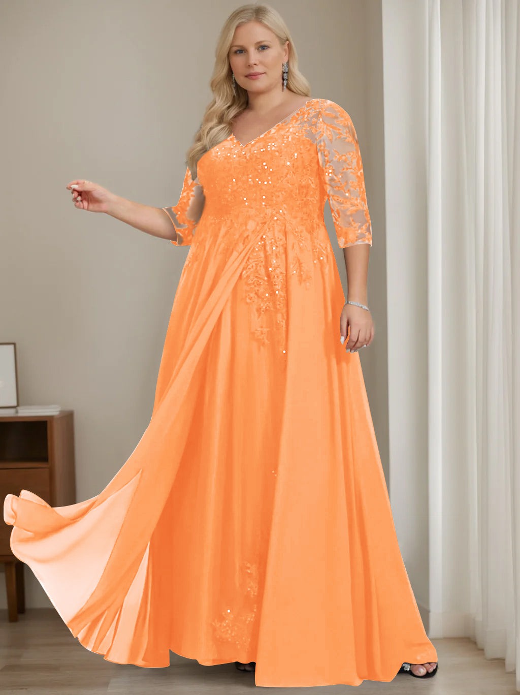 A-Line/Princess V-Neck Half Sleeves Floor-Length Plus Size Mother of the Bride Dresses with Sequins - 이미지 54