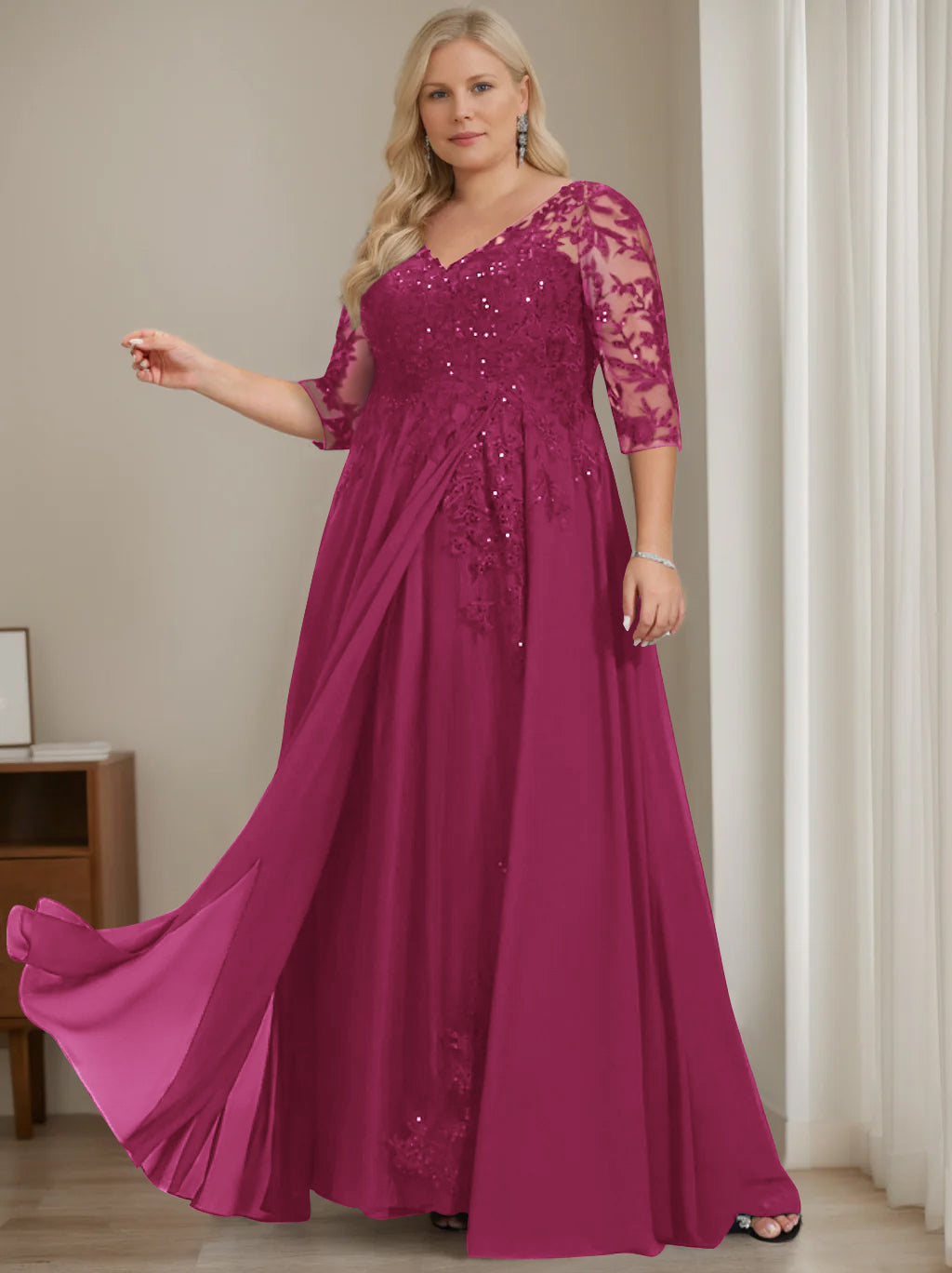 A-Line/Princess V-Neck Half Sleeves Floor-Length Plus Size Mother of the Bride Dresses with Sequins - 이미지 25