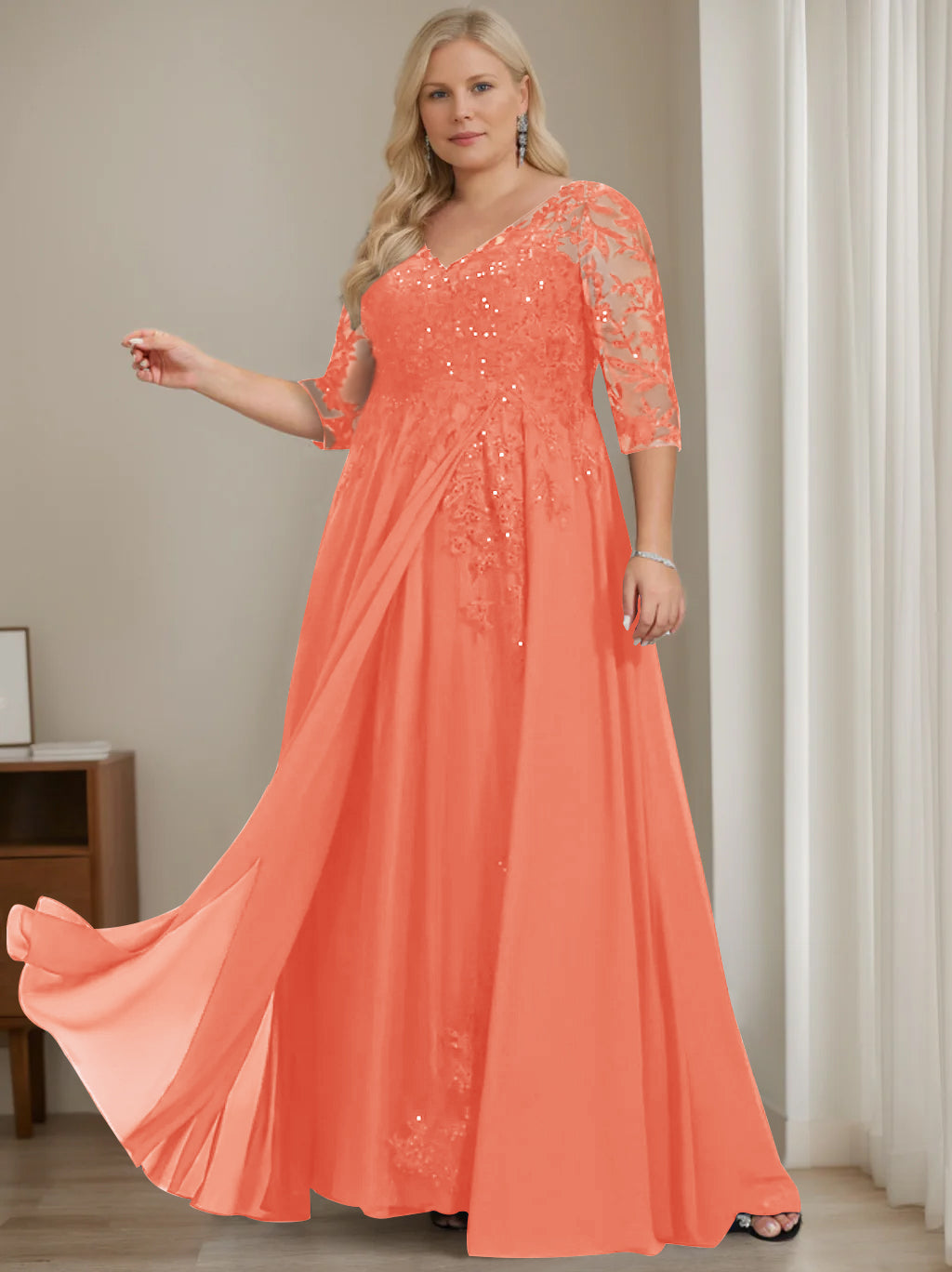 A-Line/Princess V-Neck Half Sleeves Floor-Length Plus Size Mother of the Bride Dresses with Sequins - 이미지 43