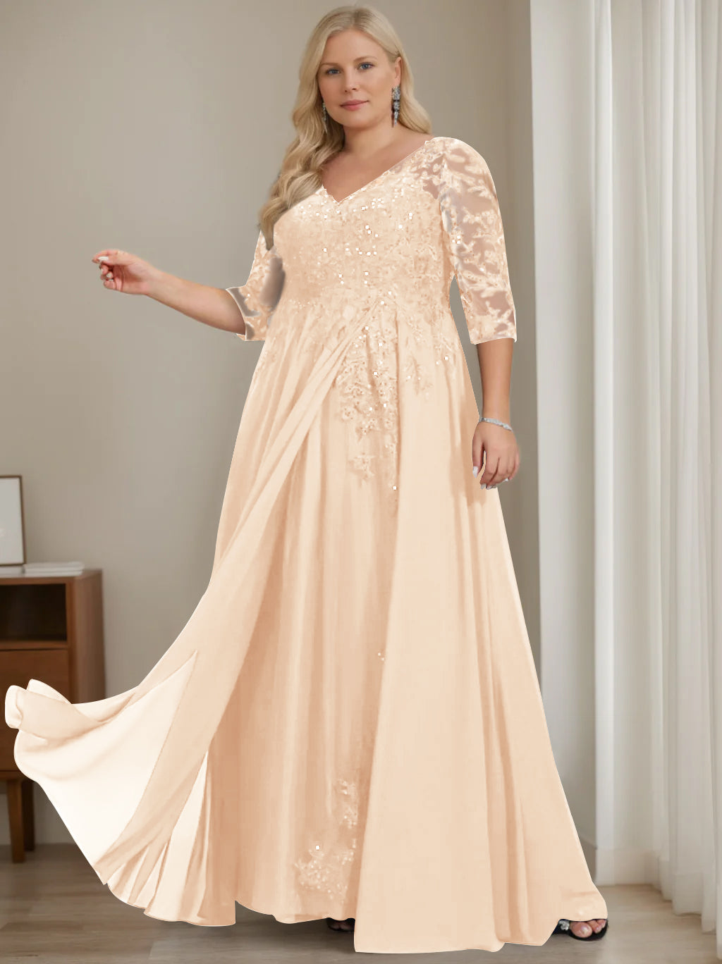 A-Line/Princess V-Neck Half Sleeves Floor-Length Plus Size Mother of the Bride Dresses with Sequins - 이미지 44