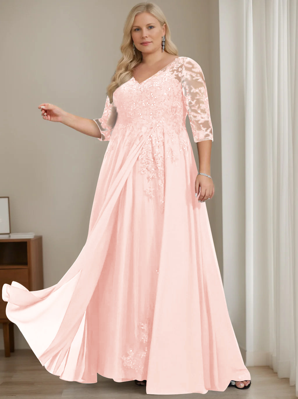 A-Line/Princess V-Neck Half Sleeves Floor-Length Plus Size Mother of the Bride Dresses with Sequins - 이미지 26