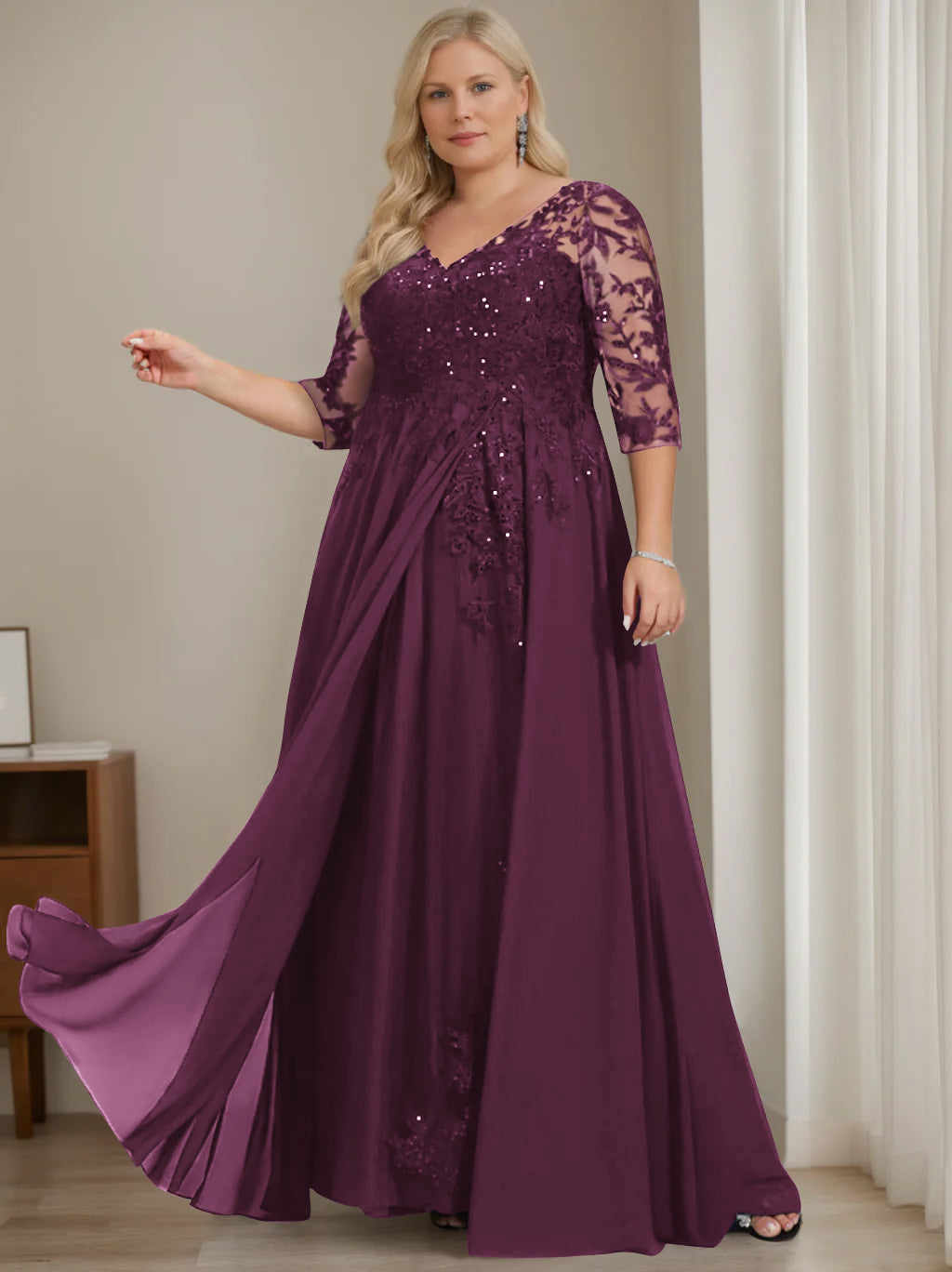 A-Line/Princess V-Neck Half Sleeves Floor-Length Plus Size Mother of the Bride Dresses with Sequins - 이미지 27