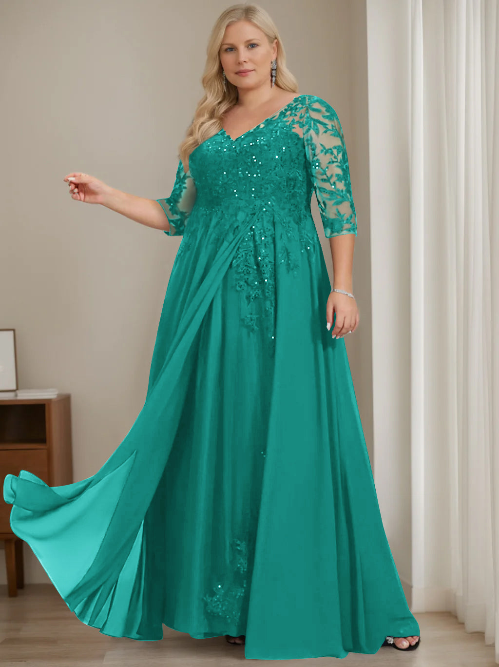 A-Line/Princess V-Neck Half Sleeves Floor-Length Plus Size Mother of the Bride Dresses with Sequins - 이미지 45