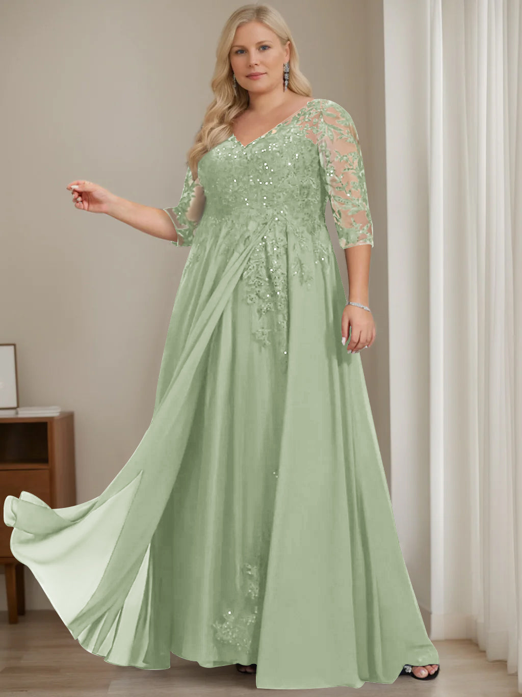 A-Line/Princess V-Neck Half Sleeves Floor-Length Plus Size Mother of the Bride Dresses with Sequins - 이미지 17